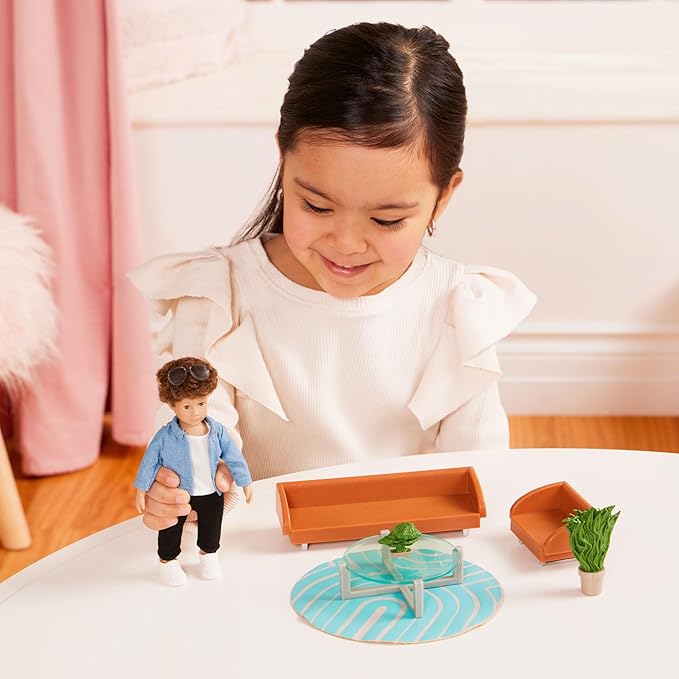 Lori – Mini Boy Doll & Toy Living Room Furniture – 6-Inch Boy Doll & Dollhouse Accessories – Sofa, Armchair, Coffee Table, Rug, Plants – Play Set for Kids – 3+ Years– Miguel's Lounge Set