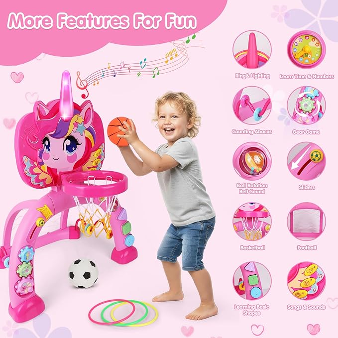 Toddler Basketball Hoop for Kids, Unicorn Basketball & Soccer Game Sports Toy with 30+ Sounds, Baby Basketball Hoop Toys for 1 2 3 Years Old Girls Boys Christmas Birthday Gifts Indoor Outdoor Play