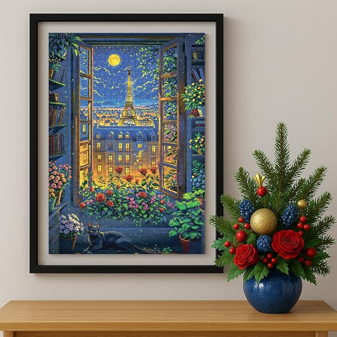 Cat in Paris. TUMBAUMBA, Puzzles for Adults 1000 Pieces, Detailed Art Puzzle, Mate Finish Jigsaw Puzzles, Poster Included, Challenging Atmospheric France Puzzles, Cozy Evening Paris Scene