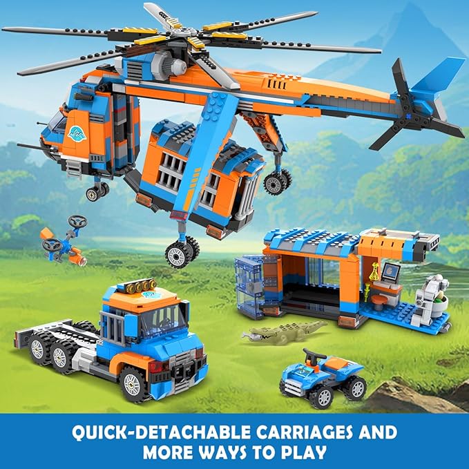 City Jungle Adventurer Helicopter Building Toys - 1356PCS Forest Truck Adventure Building Set with Car Crocodile Brown Bear Wildlife Rescue Blocks Playset Easter Gift for Kids Boys 6+