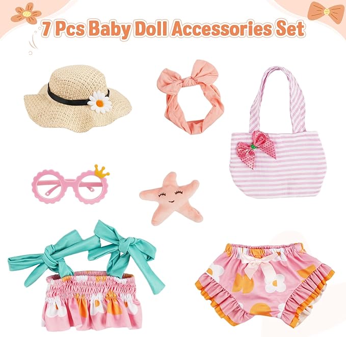 BABESIDE 7-Piece Reborn Baby Doll Clothes Set for 16–20 Inch Dolls, Washable Floral Outfit for Realistic Babydoll with Hat, Bag and Headband, Baby Doll Accessories Pretend Play Set for Kids