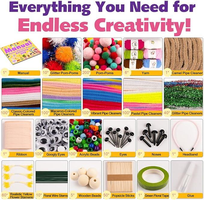 FUNSHOWCASE Craft Box with 1000 Supplies – Pipe Cleaners, Yarn, Pom Poms, Tools