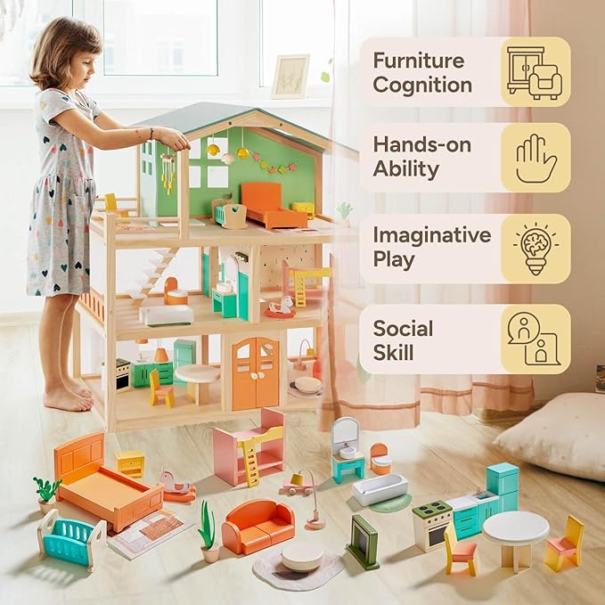 Giant bean 26 Pcs Large Wooden Dollhouse Furniture 5 Set for Kitchen, Living Room, Bedroom, Bathroom, Babyroom, Candy Dollhouse Accessories & Furniture Toy for Girls Boys Kids 3+