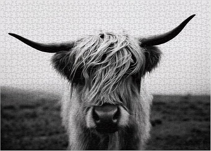 Black White Highland Cow Puzzles for Adults 1000 Pieces,Impossible Hard Difficult Challenging Aesthetic Jigsaw Puzzles, Art Animal Puzzle