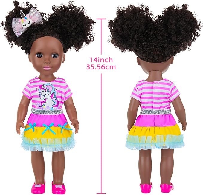 Ecore Fun 14 Inch Black Doll with Black Baby Doll Clothes Accessories – Including Dress, Top, Skirt, Shoes, Comb, Mirror, Hairclip, Phone & Stickers - African Realistic Silicone Girl Dolls for Girls