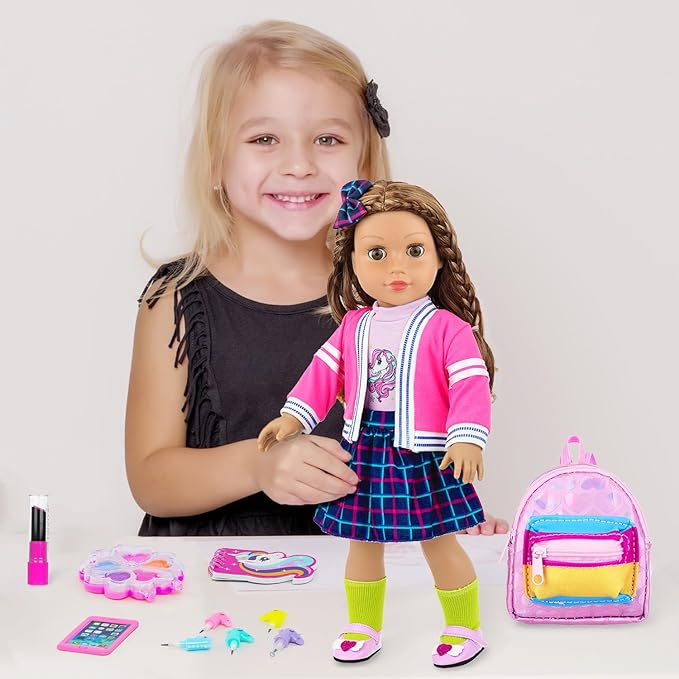 K.T. Fancy American 18 Inch Doll British Style Fashion Set 14 PCS Clothes & Accessory Collection with School Bag, Unicorn Stationery,Makeup Tools for 18" Dolls