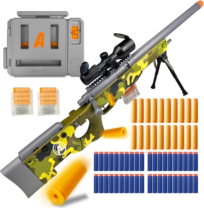 AGM MASTECH AWM Foam Dart Blaster, Shell Ejecting Model with Scope, Metal Components, Foldable Stock, 40 Darts, 20 Shells. Tactical CS Game Prop for Teens 14+ and Adults (Green)