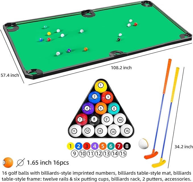 Golf Game -Combining Mini Pool Table & Golf - World’s Largest Putting Green Indoor，Putting Mat 108.2" L x 57.4" W，Golf Pool Indoor Family Game