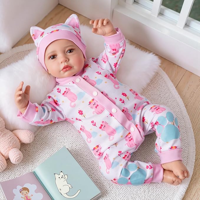 BABESIDE 2 Pcs Reborn Babys Doll Clothes for 17-22 Inch Baby Dolls, Pink Cat Pattern Reborn Baby Dolls Accessories Set with Hat, for Reborn Doll Girls Boys (Dolls not Included)