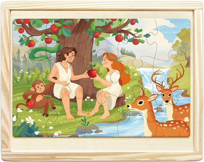 Bible Puzzles for Kids, 4-in-1 Wooden Jigsaw Puzzles in Box 15 Piece Each, Religious Christian Toys for Toddlers, Eden | Tower of Babel | Ten Commandments (Old Testament)