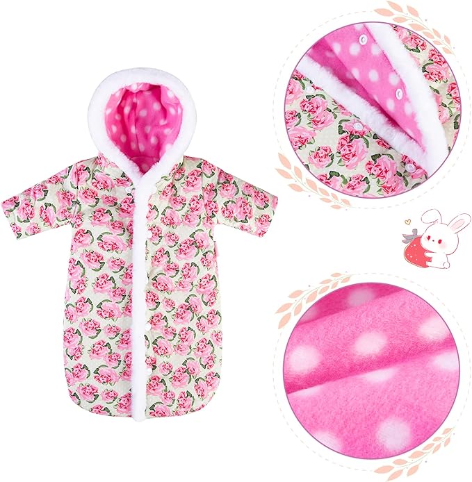 Doll Jumpsuit Sleeping Bag Handmade Doll Clothes Hooded Romper Pink Rose Winter Hoodie Doll Accessory Soft Thick Swaddle Blanket Fit for 18" Dolls (Doll not Included)