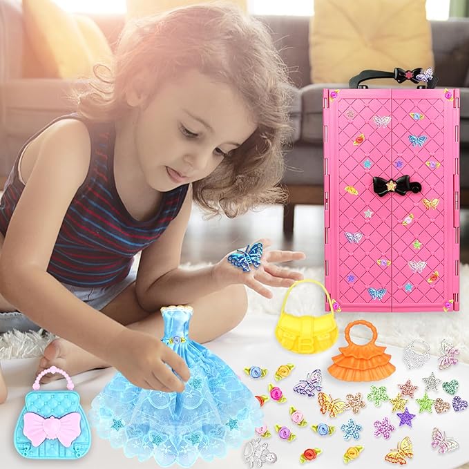 75PCS Doll Clothes and Accessories with Closet for 11.5 Inch Doll - Fashion Design Set Including Wedding Dress Fashion Dresses Outfits Tops and Pants Hangers Bags for Girls
