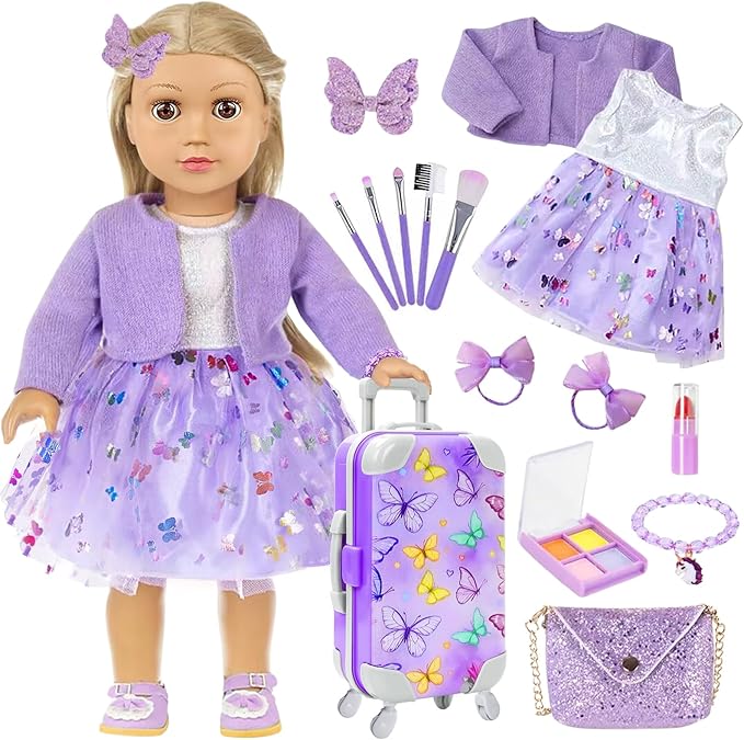 DONTNO American 18 Inch Doll Accessories with Travel Suitcase Makeup Play Set and Clothes,Shoulder Bag,Eye Shadow Plate,Butterfly Hairpin,Bracelet,Lipstick,Hair Tie,Eyelash Brush,No Doll and Shoes