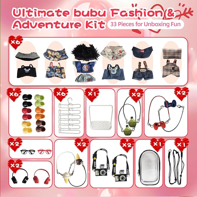33 Pack Compatible for Labubu Clothes Outfits,Premium Labubu Accessories Case Shoes for 17cm Dolls,Labubu Birthday Party Decoration- Includes 6-Pack Doll Clothes Sets,Camera,Sunglasses