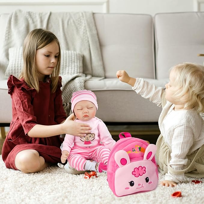 PEDOLLTREE Reborn Baby Doll Clothes Outfit Accessories Pink 8 Pcs Set with Rabbit Backpack&Diaper for 17-22 Inch Reborn Doll Newborn Baby Girl