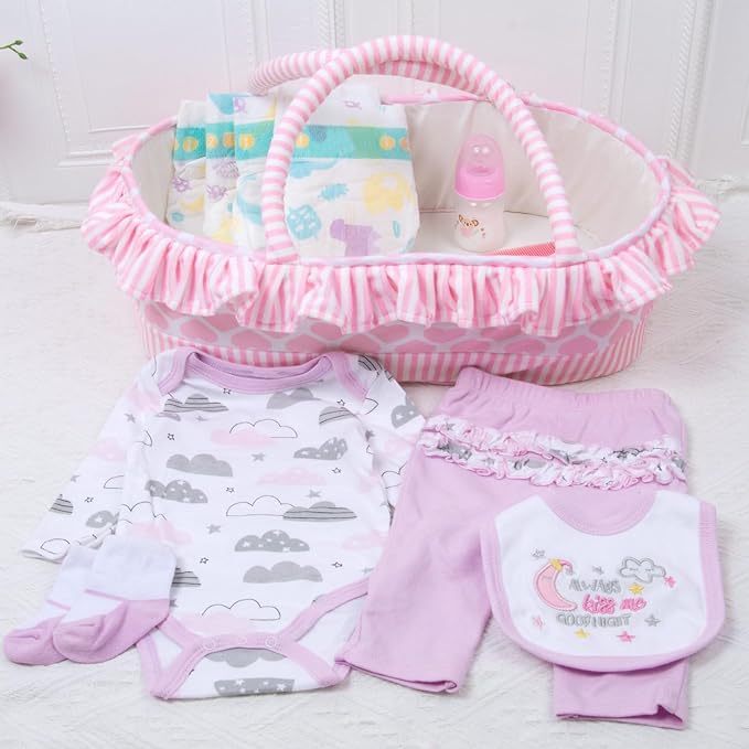 12 Pcs Reborn Baby Doll Clothes Accessories with Bassinet for 17-22 inch Newborn Babydolls Girl Reborn Dolls Accessories Pink Outfit Gift Set