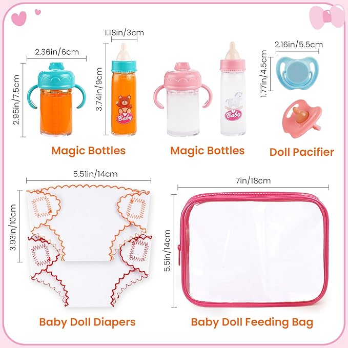 BABESIDE Baby Doll Accessories – 9 Pcs Feeding Set with Magic Bottles, Pacifiers, Bibs, Diapers & Carry Bag, Pretend Play Kit for 12–15 Inch Dolls