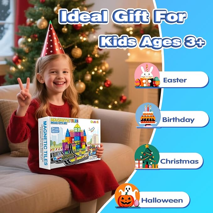 Magnetic Tiles Road Set 100Pcs- Magnetic Building Blocks for Kids Ages 3-5 and 4-8, Preschool STEM Sensory Toys for Toddlers 3-5, Educational Construction Gift for Boys & Girls Birthday Christmas