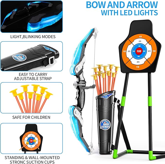 TEMI 2 Pack Archery Set - Includes 2 Bows, 20 Suction Cup Arrows & 2 Quivers & Standing Target, Outdoor Light Up Toys for Kids Boys Girls