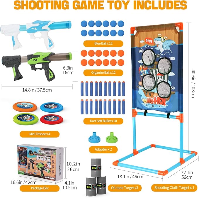 Shooting Games Toy with Player Air Guns, Shooting Target, 24 Foam Balls, Foam Darts, Oil-Tank Targets, Flying Discs, Shooting Target Toys Outdoor Game Toys for Christmas Birthday Gifts