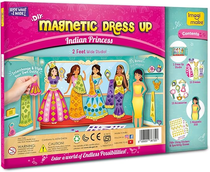 Imagimake DIY Magnetic Dress-Up Indian Princess | Pretend Play Toys for Kids | 30 Magnetic Dresses & Accessories | Interchange & Create Unlimited Outfits | Birthday Gift for 3,4,5,6,7,8 Year Old Girl
