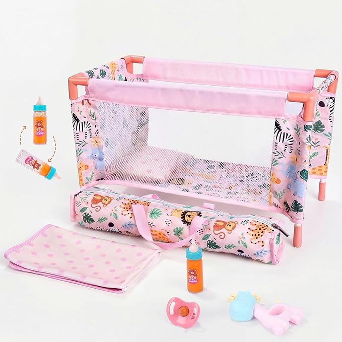 BABESIDE Baby Doll Crib for 18'' Dolls,7 Piece Baby Doll Bed with Storage Bag and Bedding Accessories, Toy Crib Doll Furniture,Reborn Baby Doll Accessories for Kids Age 3+