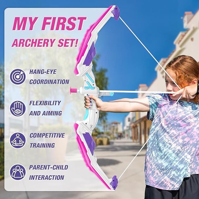 2 Pack Bow and Arrow for Kids, LED Light Up Unicorn Archery Set with 24 Suction Cup Arrows, 1 Standing Glow Target, 6 Score Targets & 2 Quivers, Indoor Outdoor Sport Toys for Girls Ages 4-12