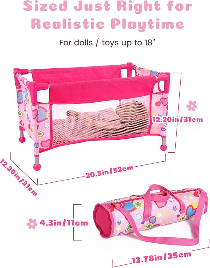 BABESIDE Baby Doll Crib for 18" Reborn Dolls,Baby Doll Bed with Storage Bag, Reborn Babydolls Accessories for Age 3+,Doll Crib Playpen for Kids Age 3+,Pink