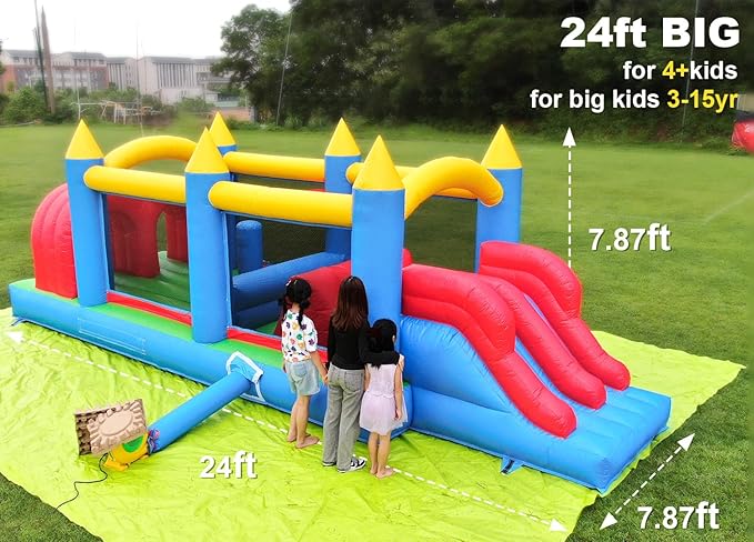 24FT Commercial Grade Inflatable Obstacle Course, (100% PVC) Bounce House for Big Kids 5-12 & Adult, with 2 Slides, (1100w Blower), Bouncy House for Backyard Outdoor Birthday Party Decor