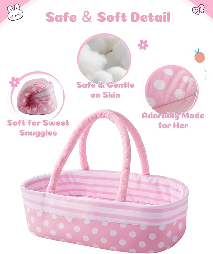 BABESIDE 8 Pcs Baby Doll Accessories, Reborn Baby Dolls Clothes with Bassinet for 17-22 Inch Babydolls, Outfit fit Babies Dolls Girl, Babies Pretend Play Set