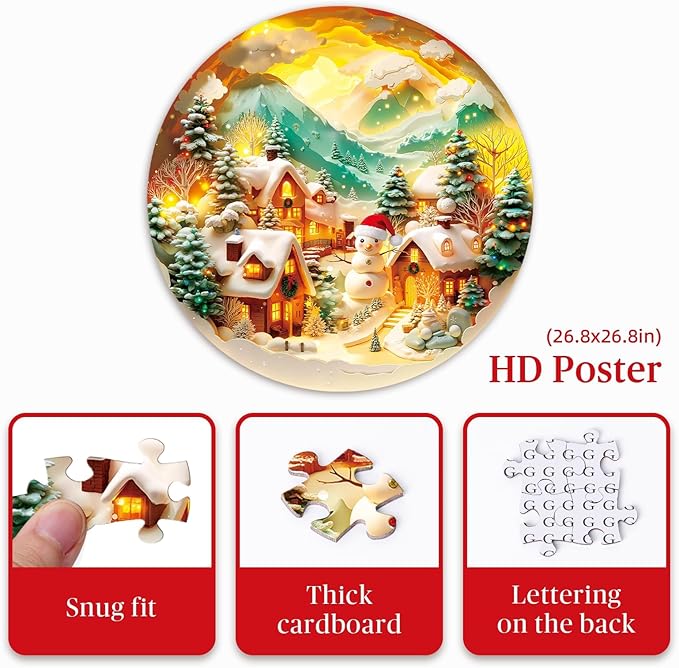 Round Jigsaw Puzzle 1000 Pieces - 3D Paper-Cut Winter Snow Village - 26.6" Circular Challenge, Christmas Snowman Landscape, Mindful Holiday Activity Gift