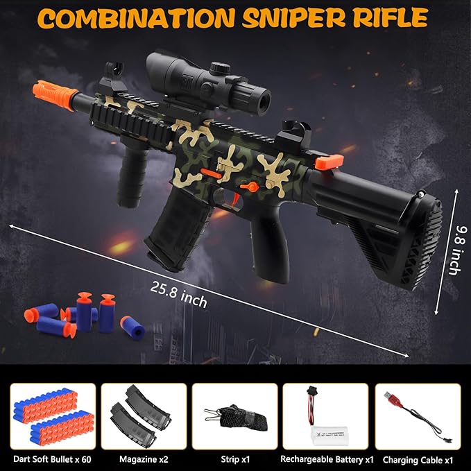 Electric Toy Gun with 3 Modes, Soft Bullets Toy Gun Automatic Sniper Rifle Dart Gun with 60 Dart Bullets, Gifts for Birthday Halloween Christmas
