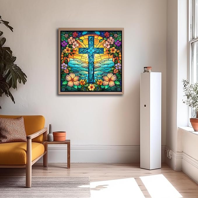 Cross Stained Glass Puzzles for Adults 1000 Pieces and up, PICKFORU Christian Puzzles with Colorful Flower, Religious Puzzle as Home Decor