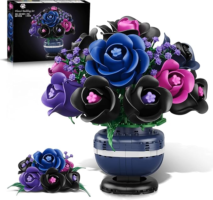 Flowers Botanicals Building Set - Artificial Purple Black Rose Bonsai Plant for Home Decor, 507PCS Artificial Flowers Building Set Indoor Gothic Decoration, Easter Birthday Gifts for Adults