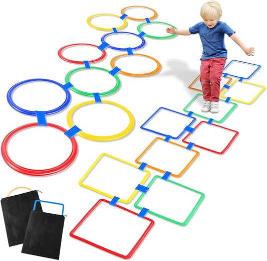 Woanger Hopscotch Outdoor Squares Hopscotch Ring Game with Connectors Outdoor Indoor Obstacle Course for Kids Playground Agility Training