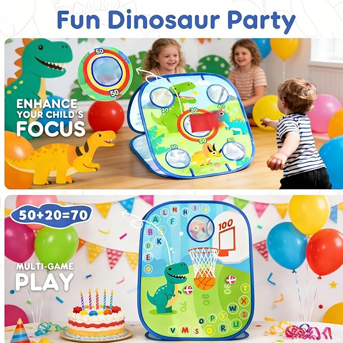 6-in-1 Dinosaur Bean Bag Toss Game - Outdoor Toys for Toddler 1-3, ABC Alphabet & Math Learning Active Play Toy - Indoor Backyard Party Game Beach Games