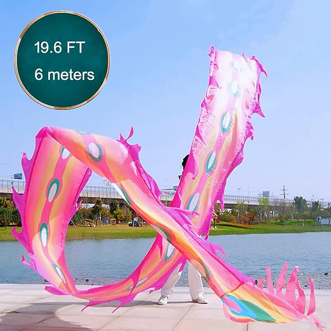 Square Exercise Dance Outdoor Flinging Fitness Dragon POI Wu Long 3D Real-Like Dragon Ribbon Streamer Set (19.6ft, Pink Phoenix)