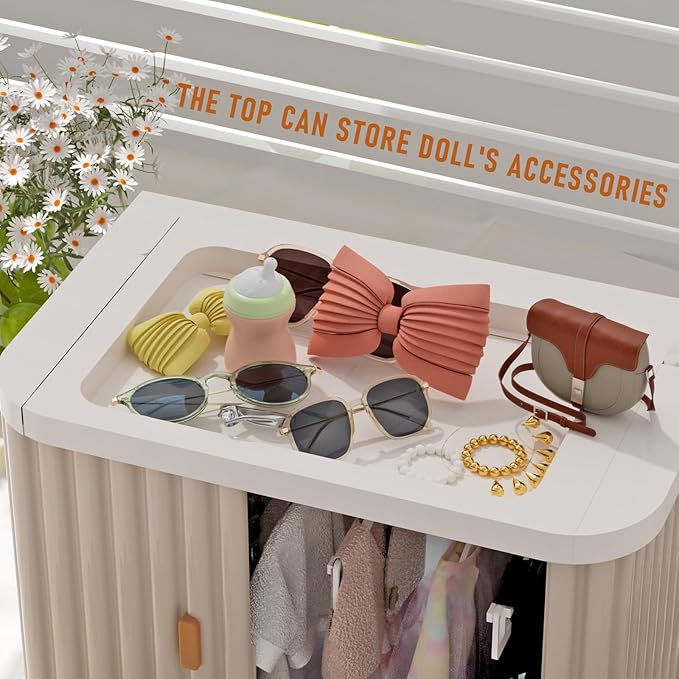 Doll Wardrobe Storage Box, Foldable Doll Closet with 10 Hangers and Rod for 15/17cm Doll Clothes Stackable Organizer Cabinet with Dust-Resistant Cover and Display Shelf (Pearl Grey)
