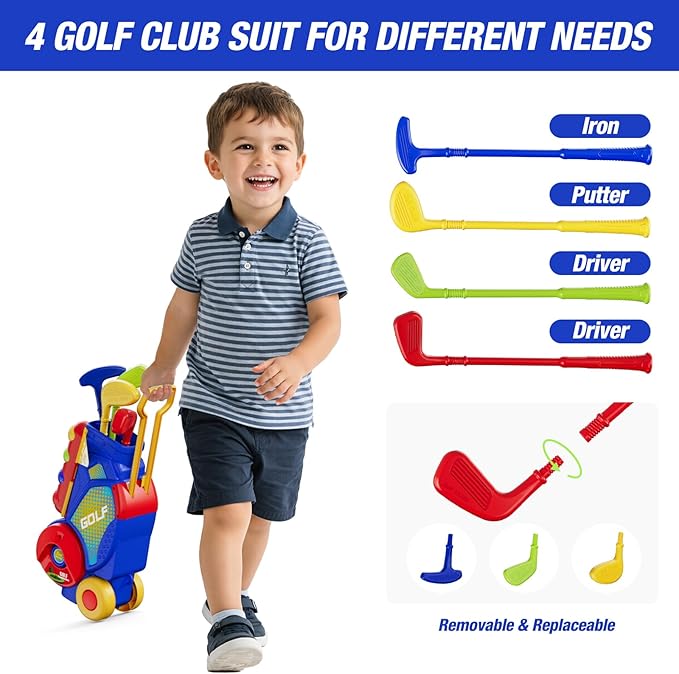 3 in 1 Toddler Golf Set with Putting Mat & Sticky/Golf Game, Kids Golf Club with 8 Balls, 4 Plastic Clubs, Scoreboard, Indoor Outdoor Sport Toys with Golf Cart Gift for Boys Girls Aged 2-5, Blue