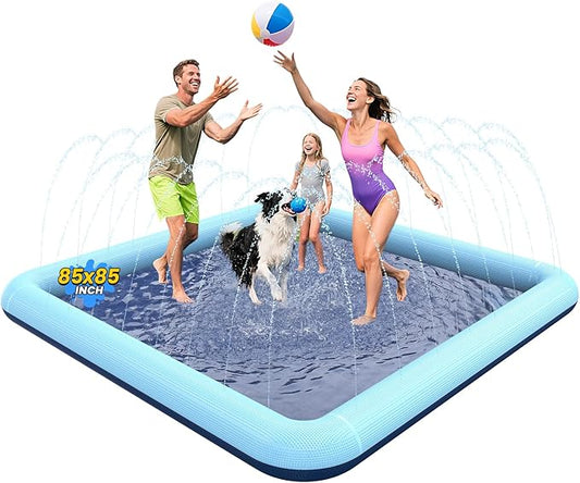 VISTOP Non-Slip Splash Pad for Kids and Dog, Thicken Sprinkler Pool Summer Outdoor Water Toys - Fun Backyard Fountain Play Mat for Baby Girls Boys Children or Pet Dog (85 * 85 inch, Blue&Blue)