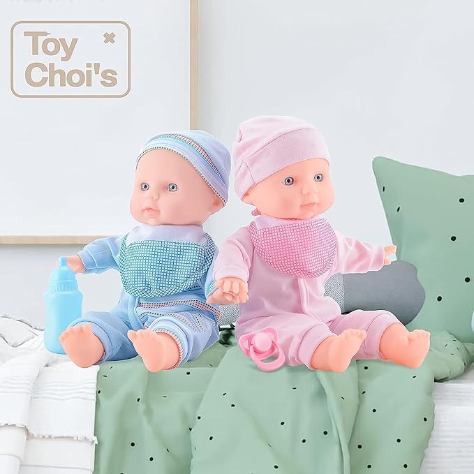 Toy Choi's Twin Baby Dolls 12 inch Soft Body 2 Dolls Playset with Rompers, Hat, Pacifier and Doll Bibs, Gifts for 1 2 3 4 5 Year Old Boys Girls, Toddlers and Kids