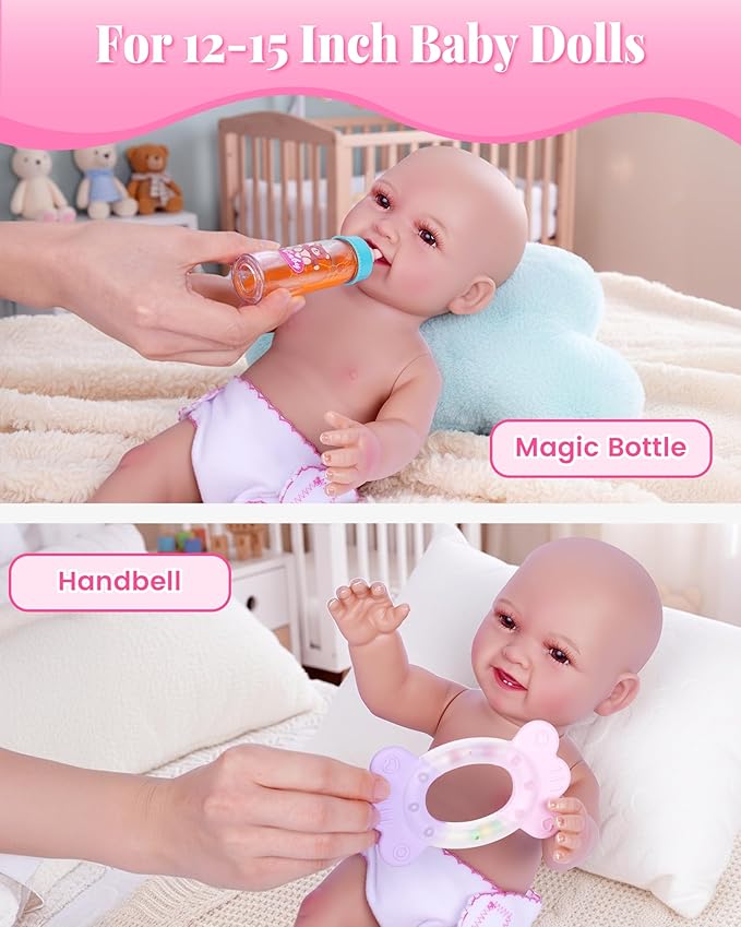 BABESIDE Baby Doll Accessories, Doll Carrier with Magic Bottle, Doll's Diaper, Rattle Toy – Baby Dolls Accessories Set for 12-15 Inch Dolls, Pretend Play Gift for Girls