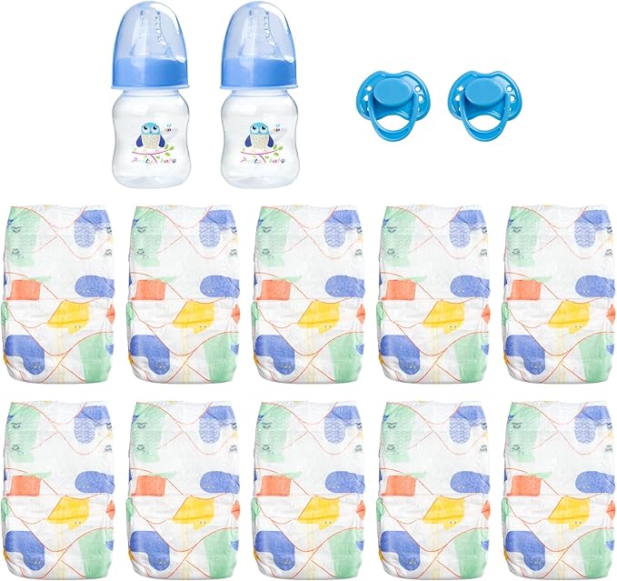 14 Pcs Reborn Baby Doll Accessories Set Fit 17-22 Inch Newborn Baby Doll Paper Diapers Blue Feeding Bottle Magnetic Pacifier Boy Girl