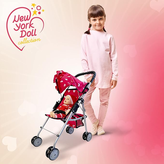 Deluxe Baby Doll Stroller with Crib Furniture Playset, Multi Baby Doll Accessories Set for 18" Dolls, Includes Doll Stroller Swing and Doll Bed Pretend Play for All Dolls - Pink