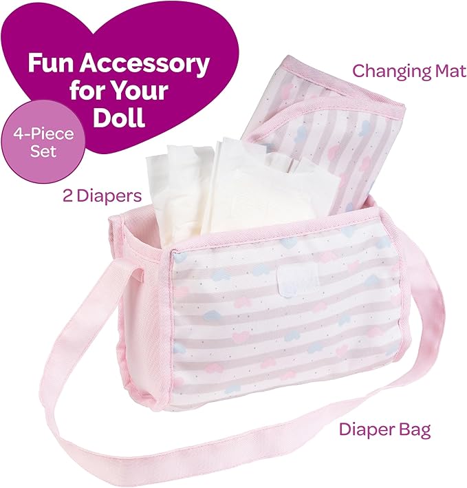 Adora Baby Doll Diaper Bag with Sturdy Straps, Includes Changing Mat and 2 Doll Diapers (Fits 13" Dolls), Birthday Gift For Ages 3+ - Classic Pastel Pink