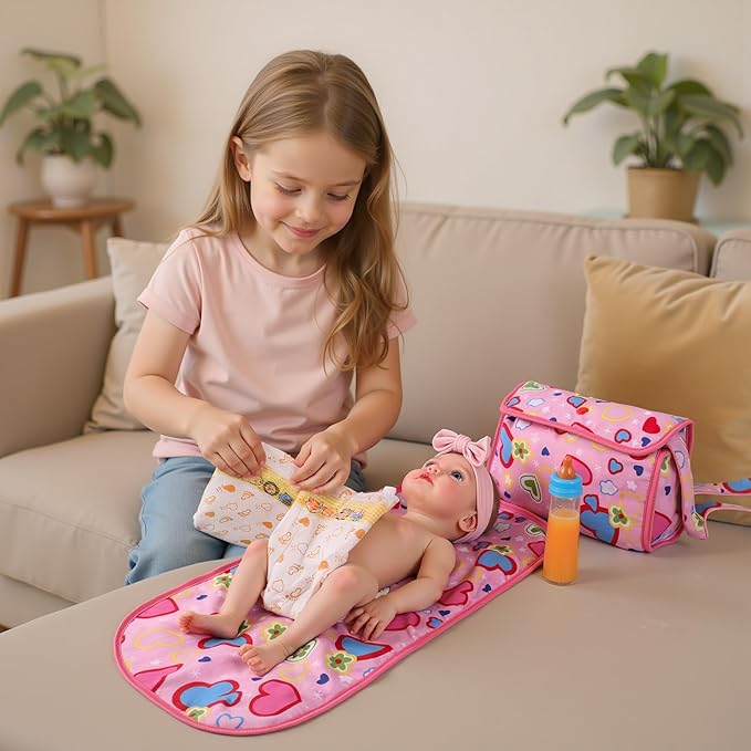 BABESIDE 5 Pcs Baby Diaper Bag Set with Magic Bottles, Baby Doll Accessories Includes Changing Mat, Diapers and Bottle with Disappearing Milk for 12-16 inches Dolls Kids Gift