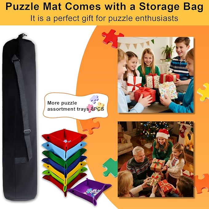 Jigsaw Puzzle Mat Roll Up with Storage Bag & 8 Sorting Trays, Air Pump System & Portable Puzzle Board & Saver for Up to 2000 Pieces, Felt Mat for Travel