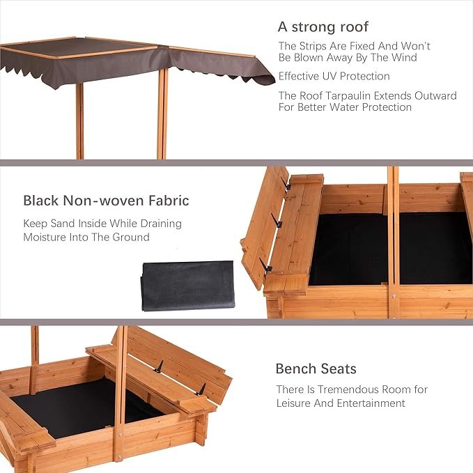 BIRASIL Wood Sandbox with Cover, Sand Box with 2 Bench Seats for Aged 3-8 Years Old, Sand Box for Backyard Garden, Beach Patio Outdoor (Natural Wood, 48 Inch)