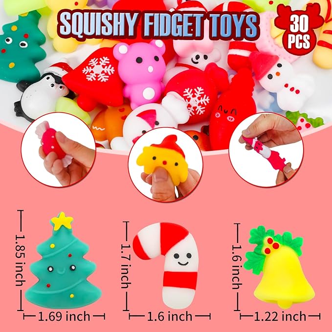 30 Pack Christmas Squishy Toys, Christmas Party Favors Stocking Stuffers Xmas Gifts, Kawaii Mochi Squishies Sensory Squeeze Toys for Kids Girls Boys Toddlers Treasure Box Toys Classroom Prizes