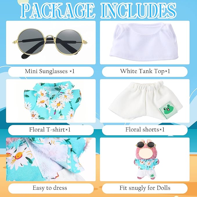 Simgoing 4 Pcs 17cm Dolls Hawaii Outfit Set Summer Floral Shirt Shorts White Vest and Mini Sunglasses Vacation Style Doll Clothes with Accessories Beach Apparel for 17cm Dolls(Summer Daisy Style)